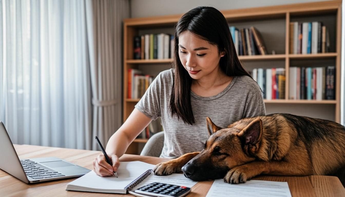 German Shepherd Puppy Cost: 7 Best Budget Tips for New Owners (2026) 4 German Shepherd puppy cost planning - budget worksheet with calculator and a sleeping puppy nearby