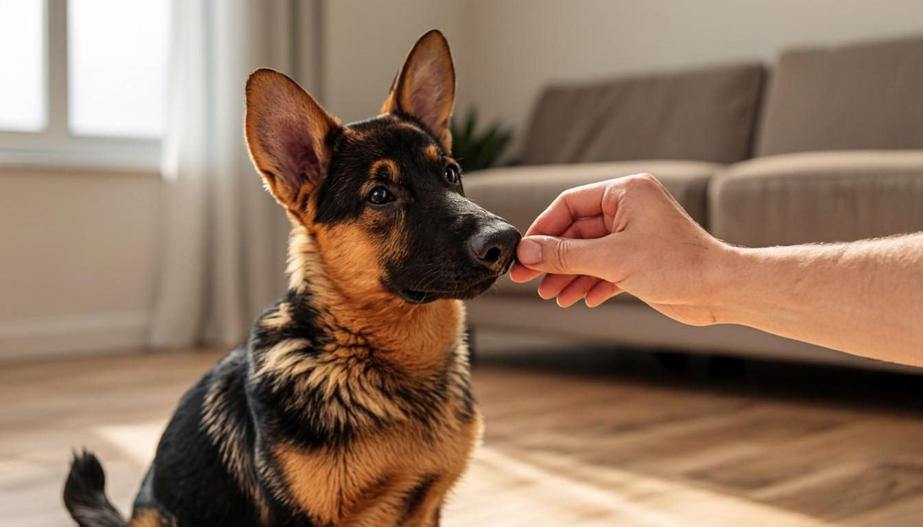 German Shepherd Puppy Training - puppy sitting attentively during a short session with a treat reward