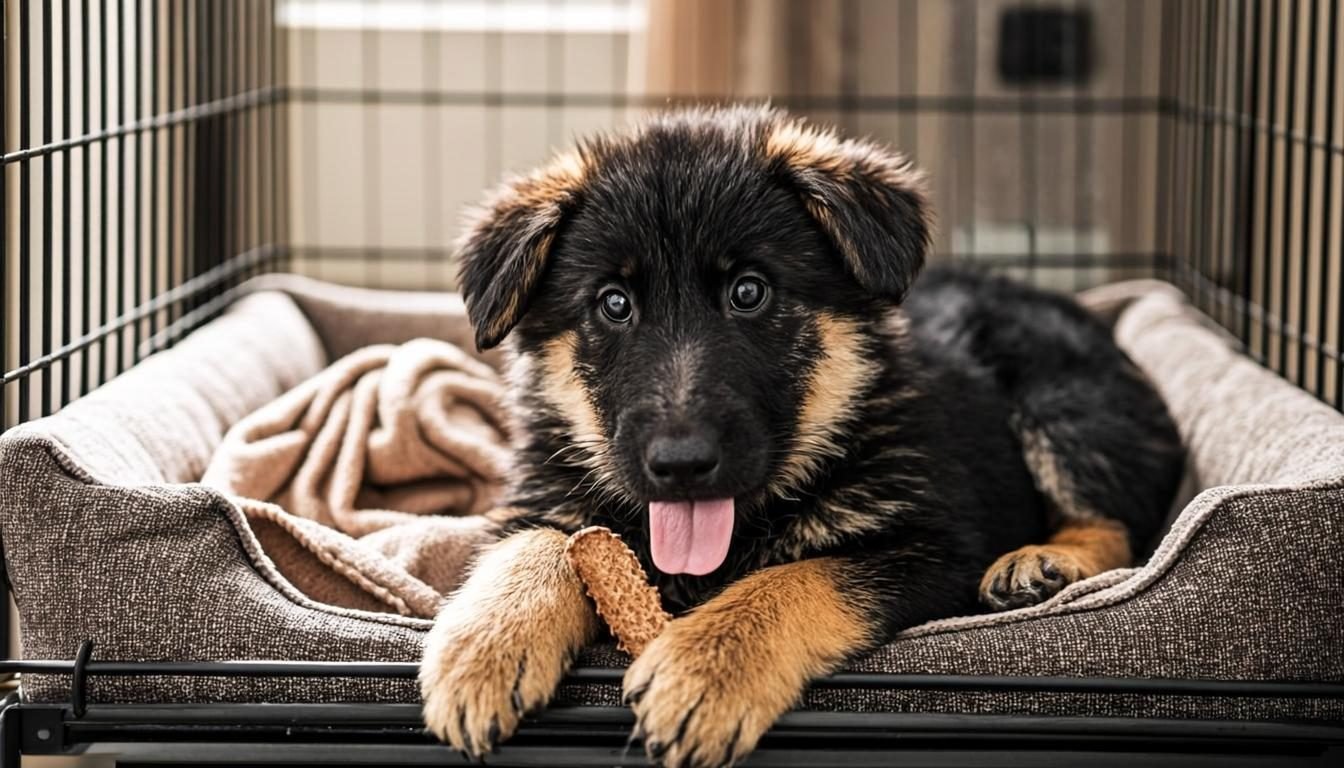 German Shepherd Puppy Training - puppy resting calmly in an open crate with a blanket and chew toy