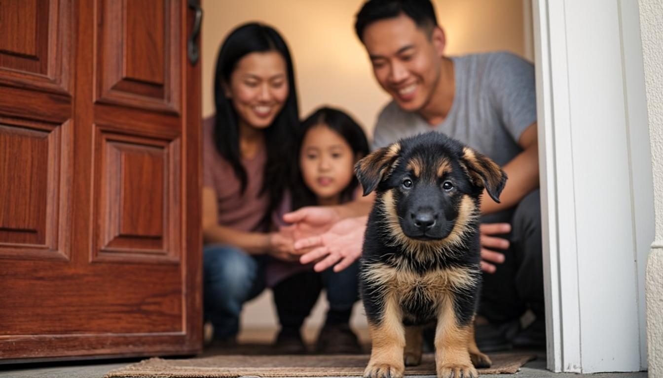 German Shepherd Puppies for Sale Near Me: 7 Best Places (2026) 4 German Shepherd puppies - puppy arriving at its new home
