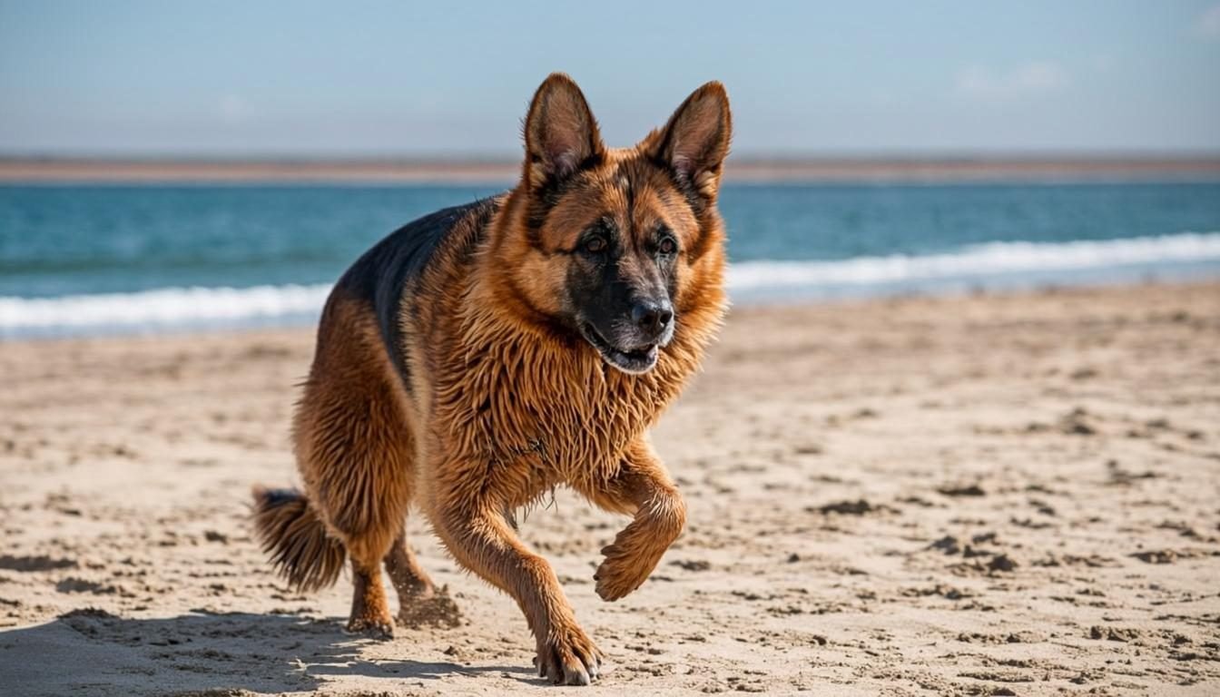 Short-haired German Shepherd running at full speed on a beach