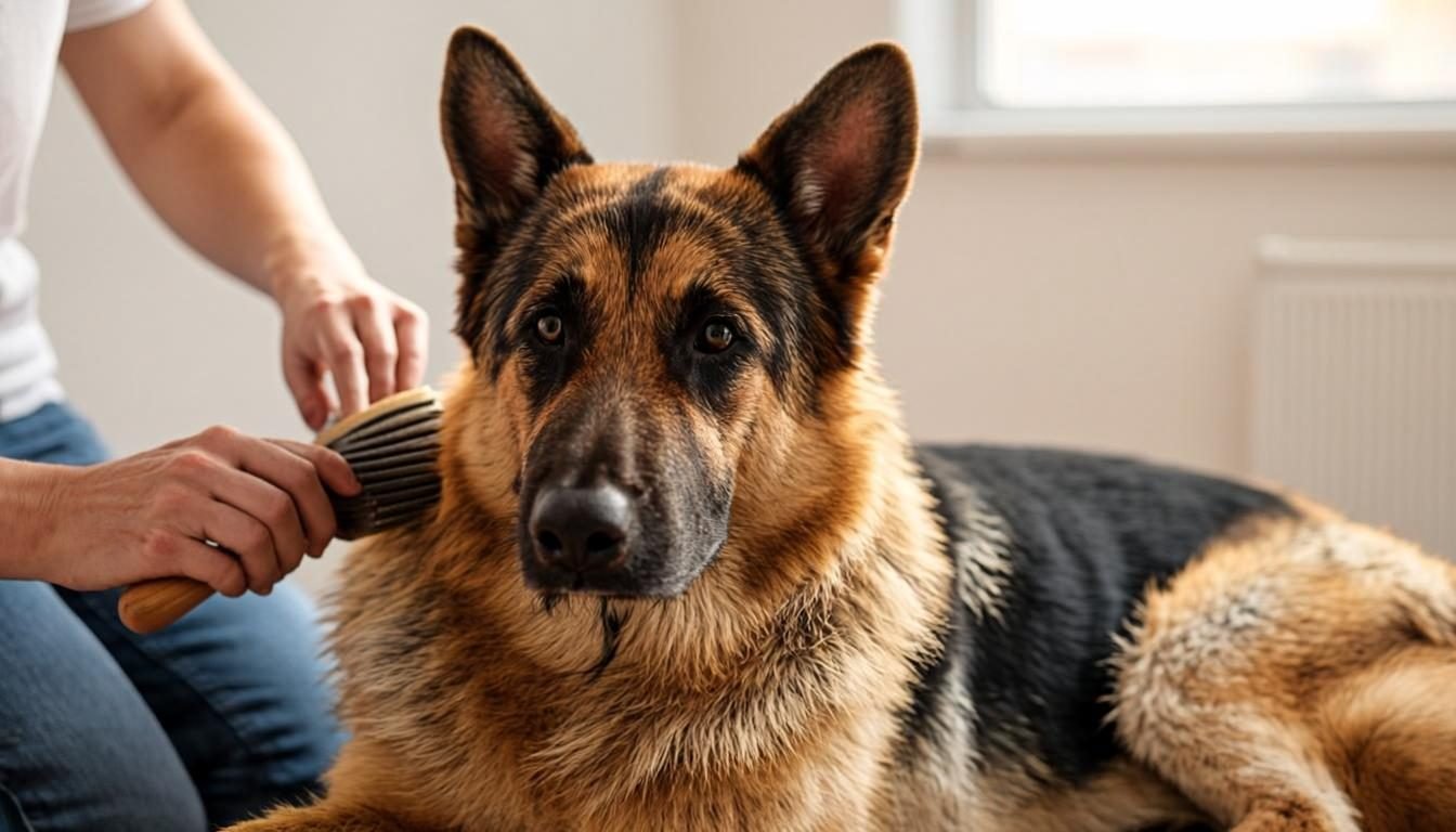 Short-haired German Shepherd groomed with a rubber curry brush