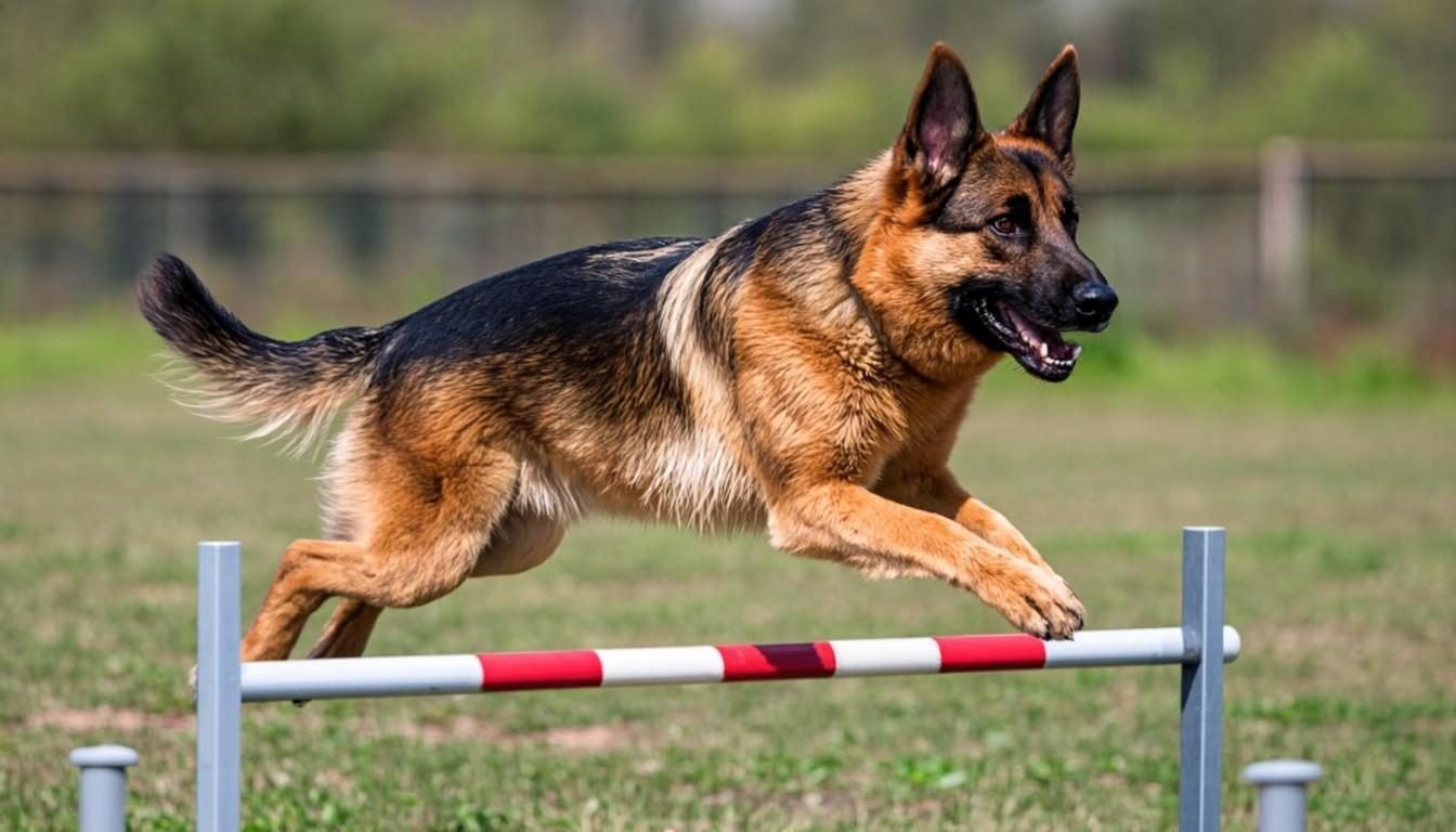 Working line German Shepherd jumping a hurdle during protection sport training