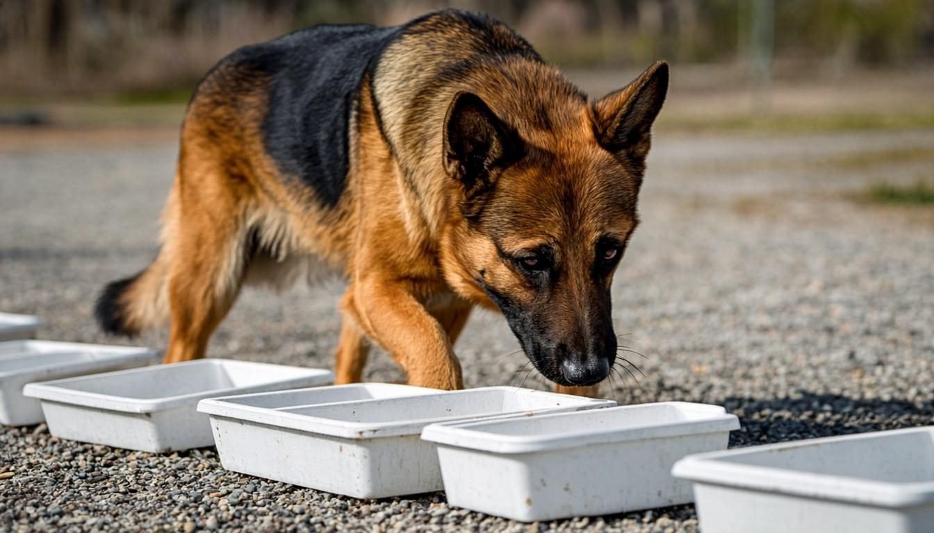 Working line German Shepherd searching scent boxes in detection training