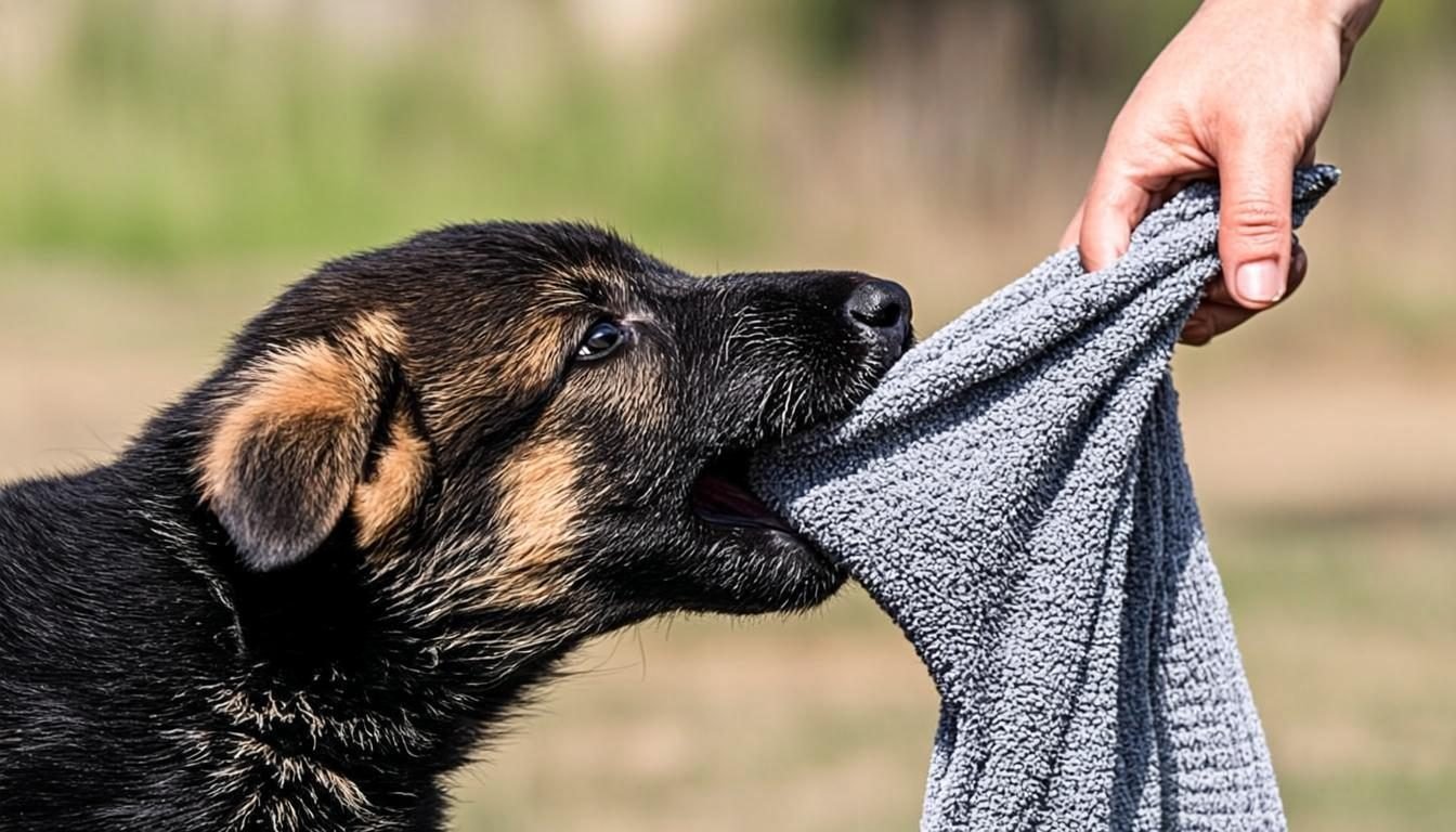 Working line German Shepherd puppy practicing grip on a rolled towel