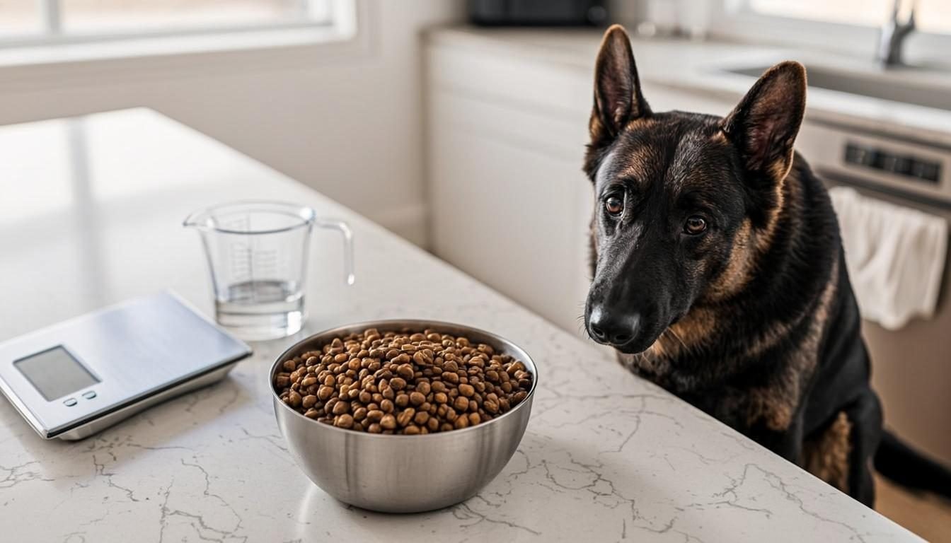 Kitchen scale and measuring cups for portioning german shepherd puppy food