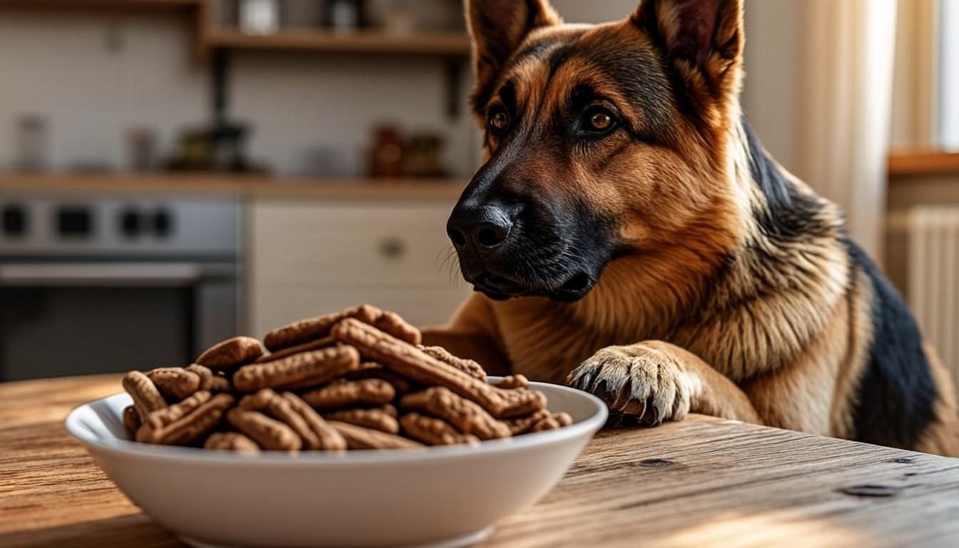 Best Joint Supplements for German Shepherds: 7 Joint-Support Picks (2026) 3 Joint supplement chews in a bowl next to a calm German Shepherd