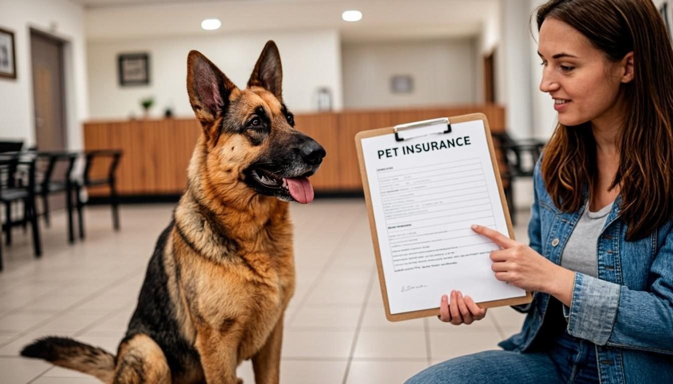 Owner comparing the best pet insurance for German Shepherds with a German Shepherd at a vet clinic reception