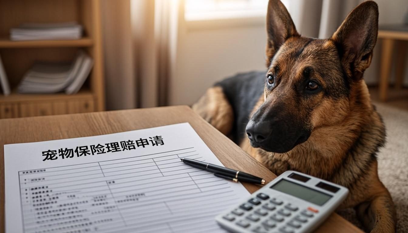 Pet insurance claim form with a calculator and a German Shepherd resting nearby