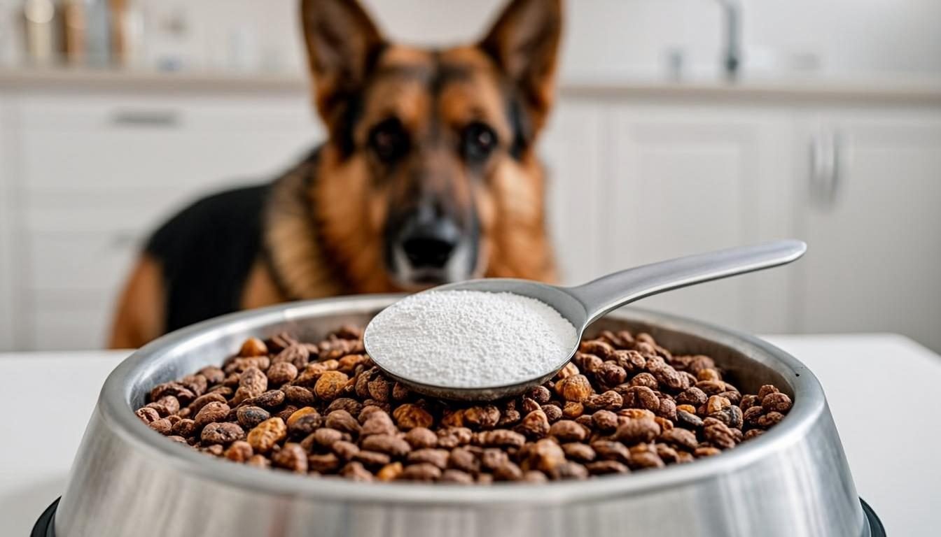 Best probiotics for German Shepherds — powder scoop over a stainless steel dog bowl
