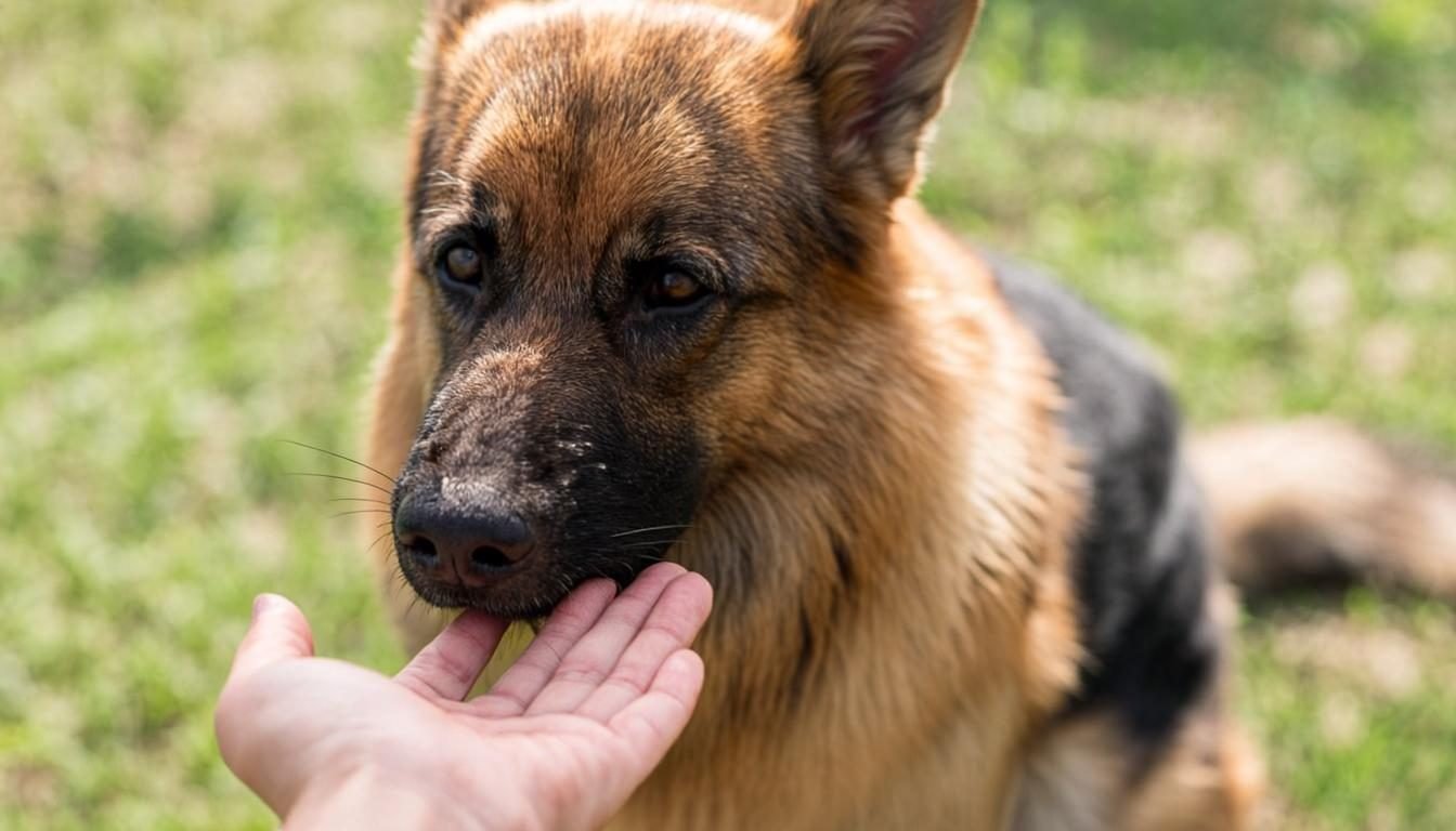 German Shepherd taking a probiotic soft chew from the owner's hand