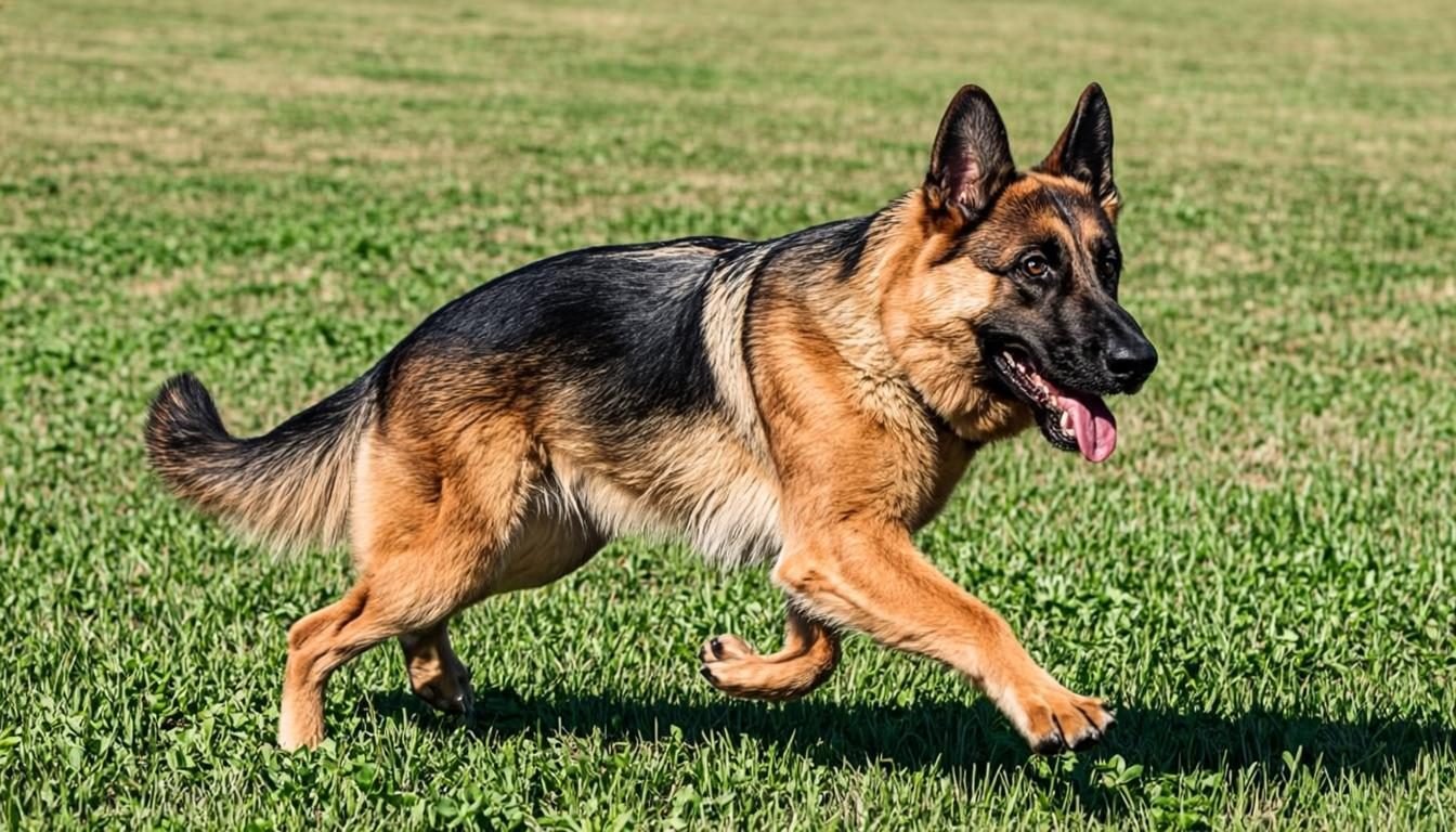 Energetic German Shepherd running outdoors with a healthy gut after the best probiotics for German Shepherds