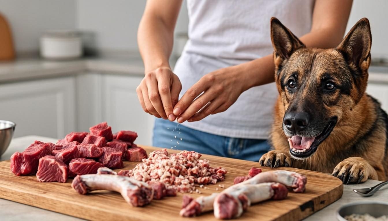 Raw Diet for German Shepherd: The Complete 2026 Guide for Healthy Dogs 2 Owner preparing a raw diet for German Shepherd dogs with meat, organs and meaty bones separated on a board
