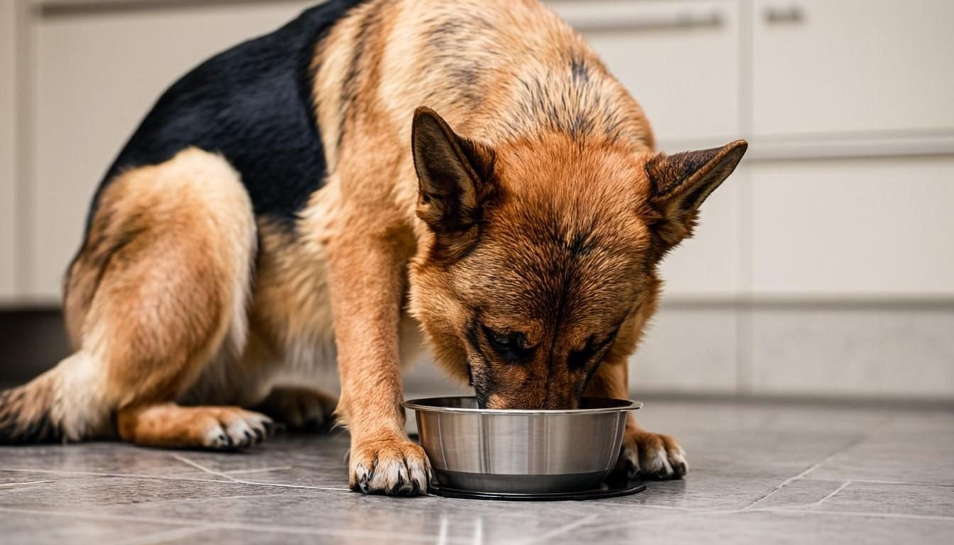 Raw Diet for German Shepherd: The Complete 2026 Guide for Healthy Dogs 3 Healthy German Shepherd eating a raw food meal from a stainless steel bowl