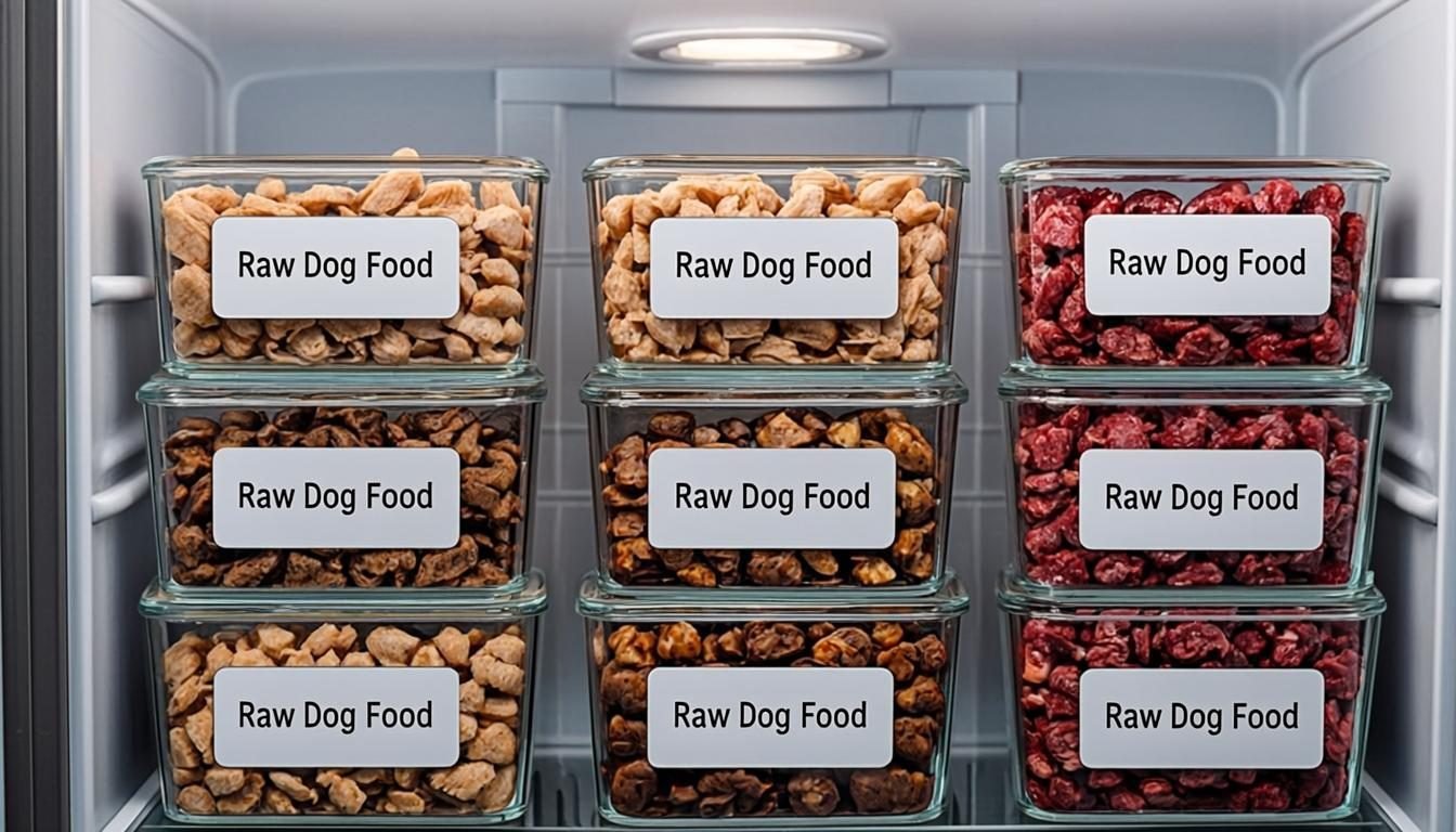 Raw Diet for German Shepherd: The Complete 2026 Guide for Healthy Dogs 4 Batch-prepped raw diet portions stored in labeled containers in a freezer