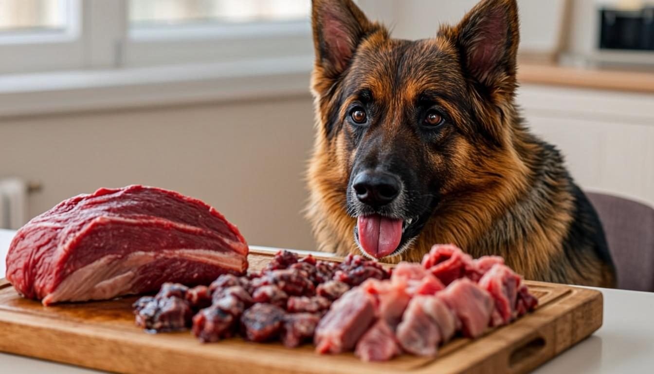 Raw Food Diet for German Shepherds Pros and Cons: The Good and the Bad (2026) 1 Raw food diet for German Shepherds pros and cons - fresh raw meal prep with meat and bone beside an adult GSD