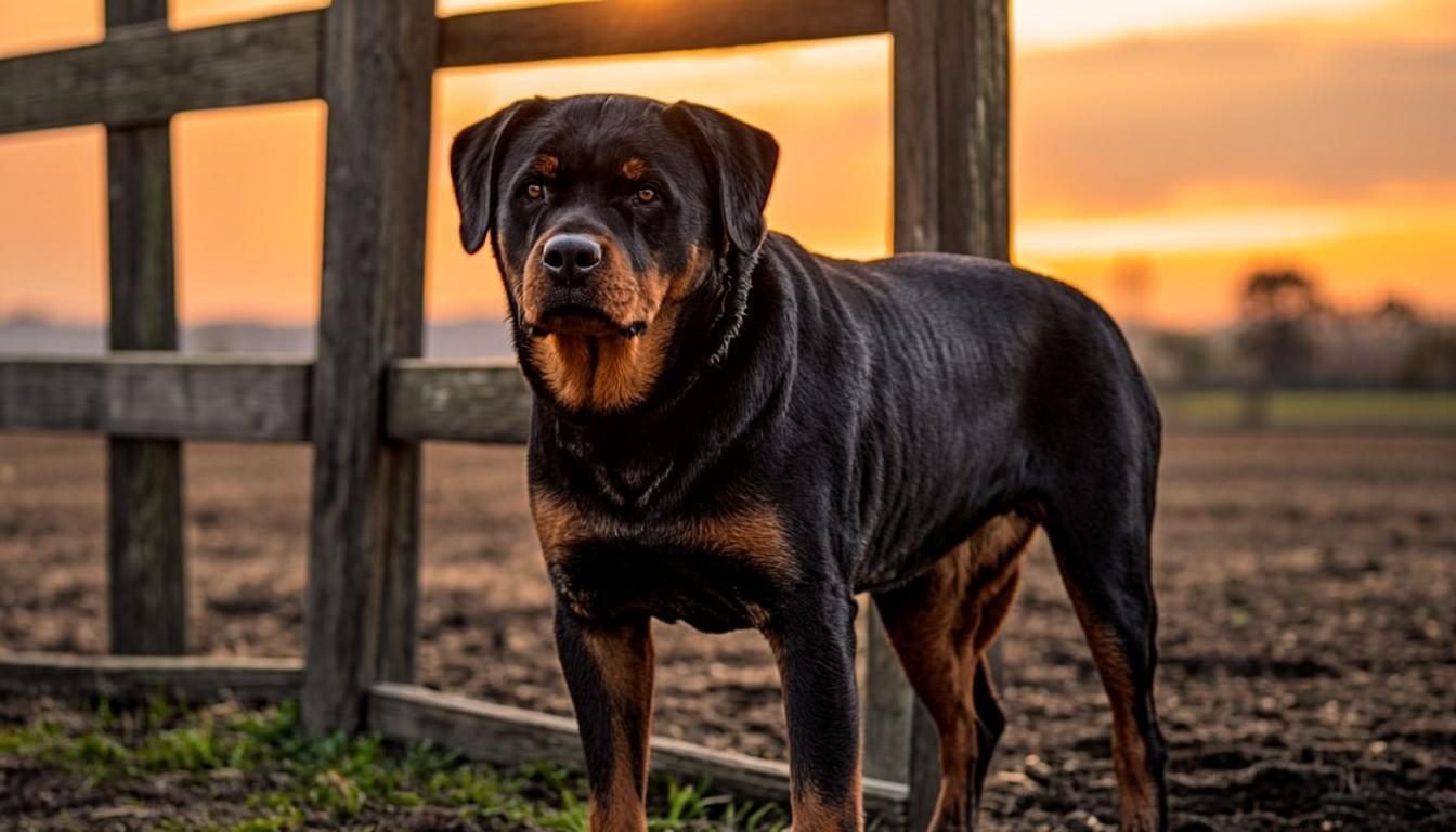 Rottweiler vs German Shepherd: Which Breed Is the Best Protector? (2026) 2 rottweiler vs german shepherd - Rottweiler standing guard beside a wooden fence at dusk