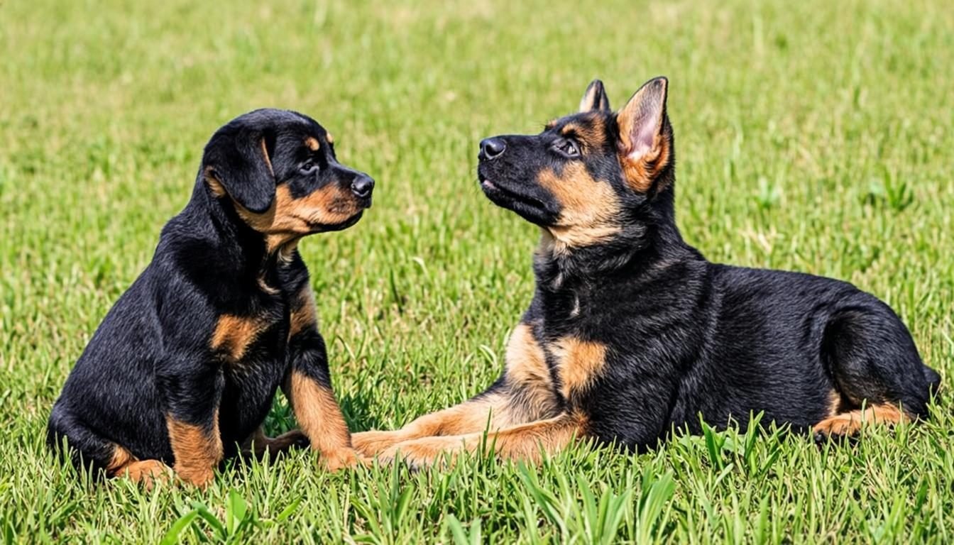 Rottweiler vs German Shepherd: Which Breed Is the Best Protector? (2026) 5 rottweiler vs german shepherd - Rottweiler puppy and German Shepherd puppy socializing on grass