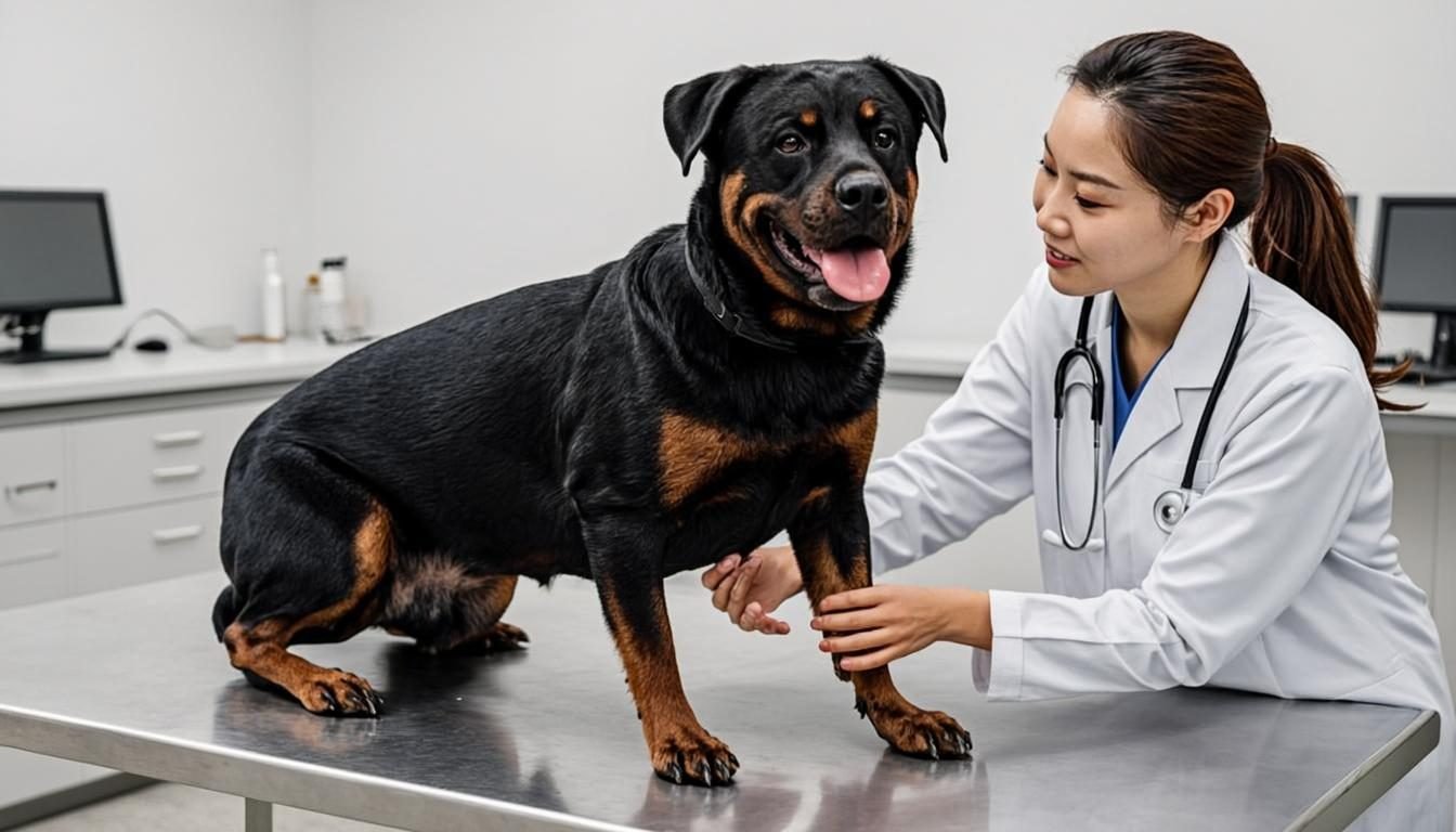 Rottweiler vs German Shepherd: Which Breed Is the Best Protector? (2026) 4 rottweiler vs german shepherd - veterinarian checking Rottweiler hips at the clinic