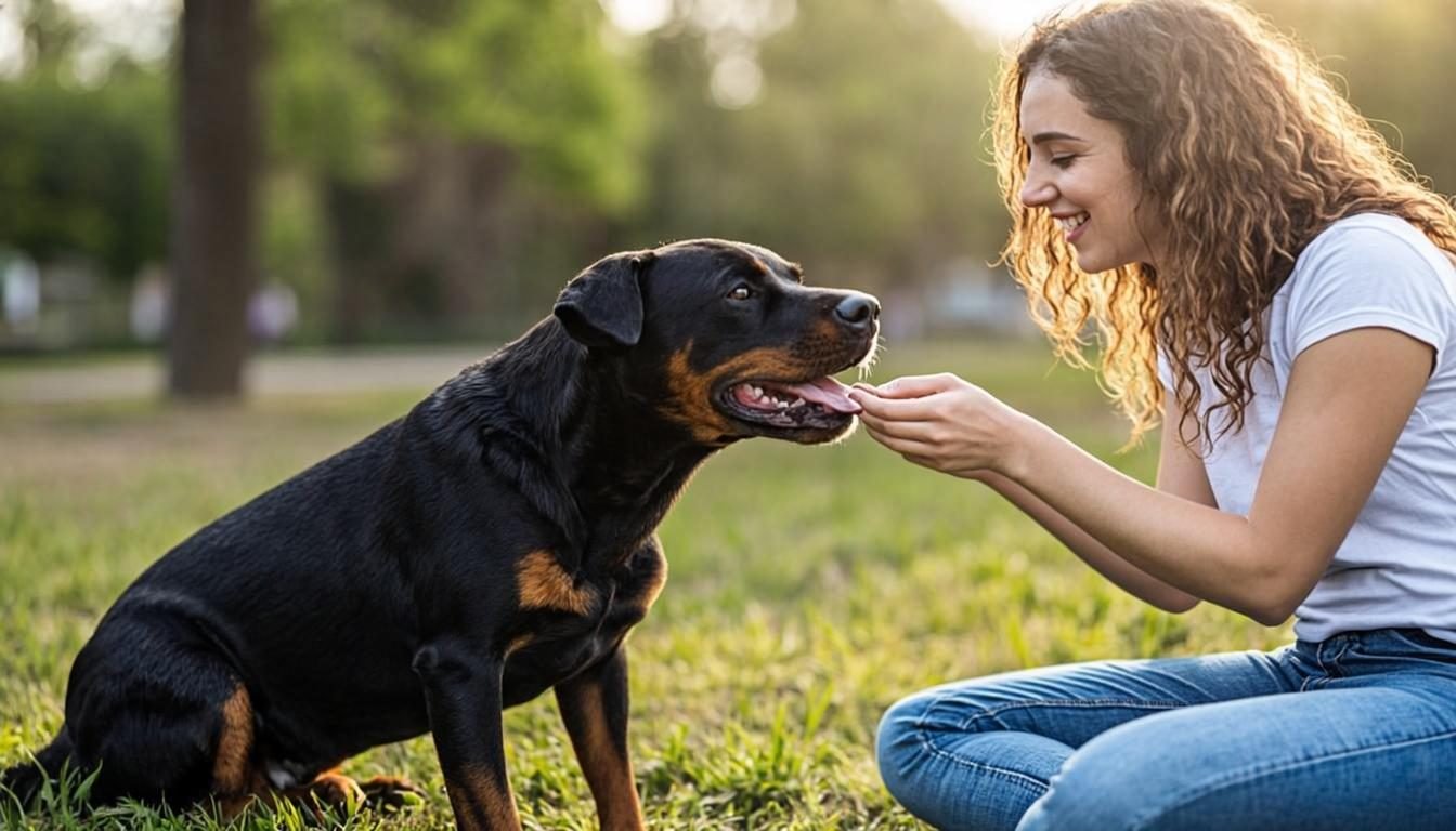 Rottweiler vs German Shepherd: Which Breed Is the Best Protector? (2026) 6 rottweiler vs german shepherd - owner training a Rottweiler with treats in a park