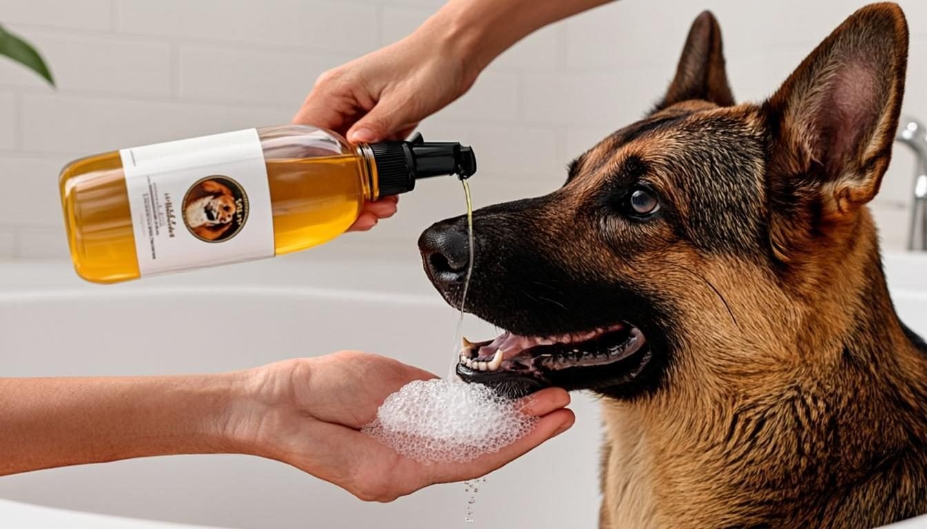 Best shampoo for German Shepherd baths — oatmeal formula poured into the palm during grooming