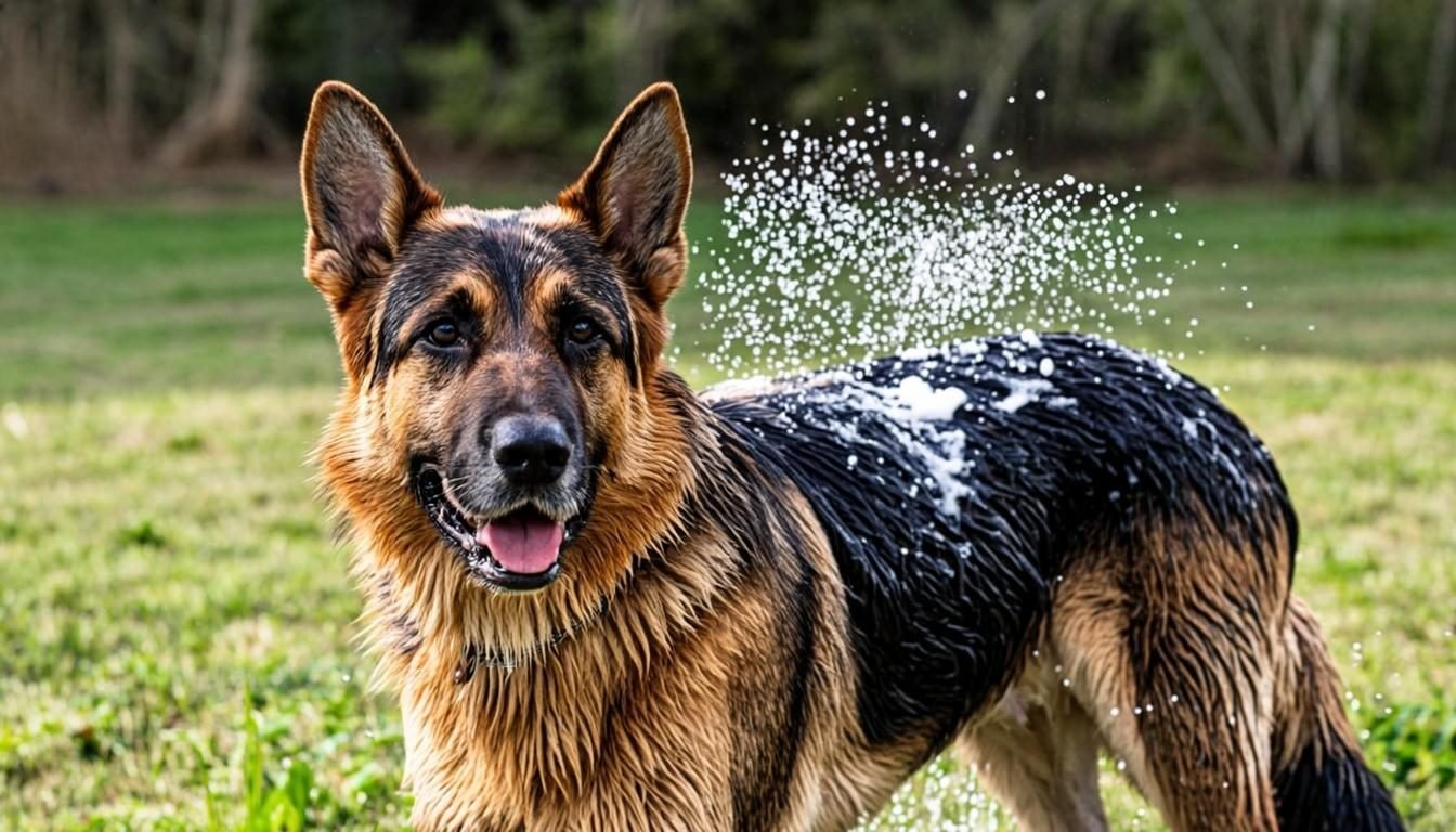 German Shepherd bathed outdoors with the best shampoo for German Shepherd double coats