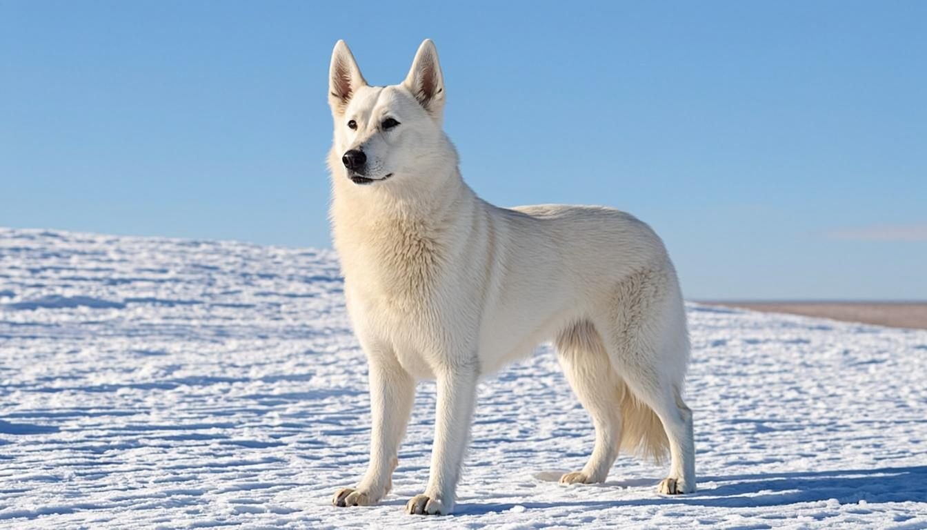 white german shepherds - White German Shepherd standing alert in fresh snow