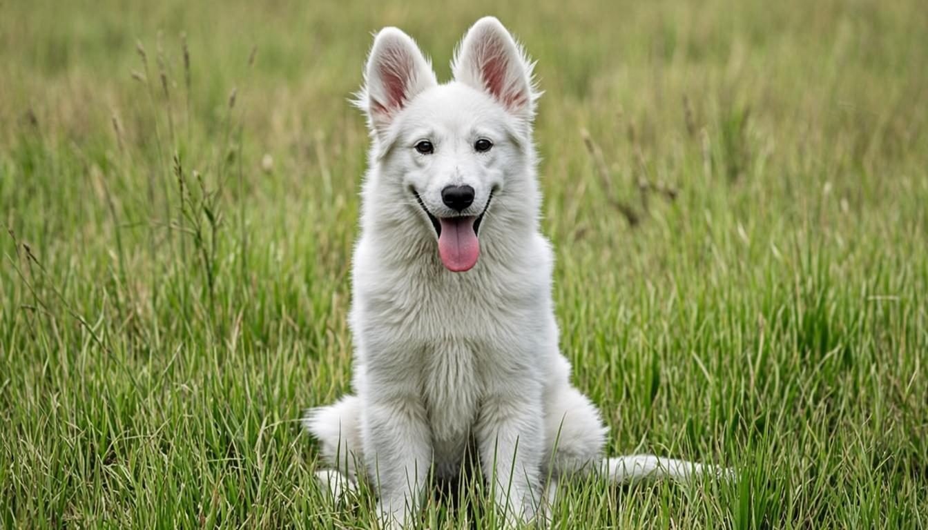 white german shepherds - White German Shepherd puppy sitting in tall green grass