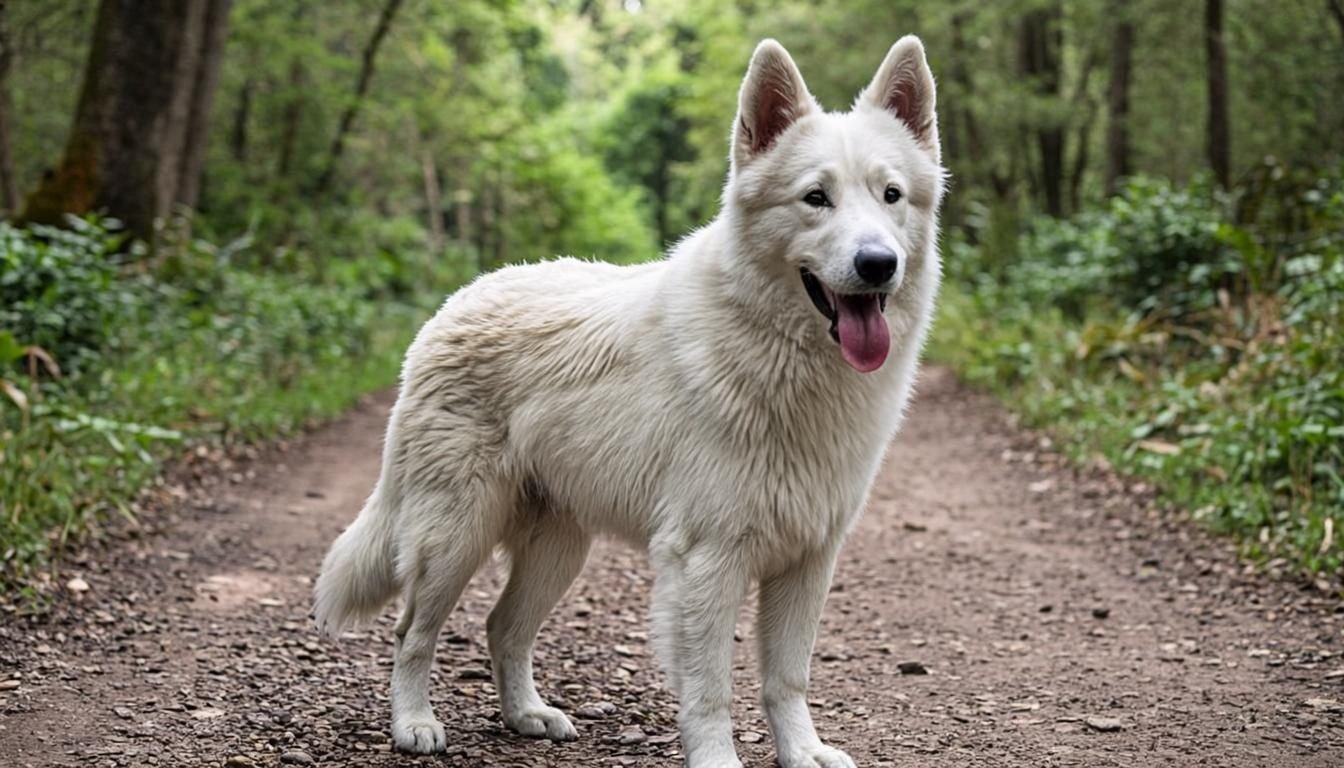 white german shepherds - White German Shepherd heeling beside its owner on a forest trail