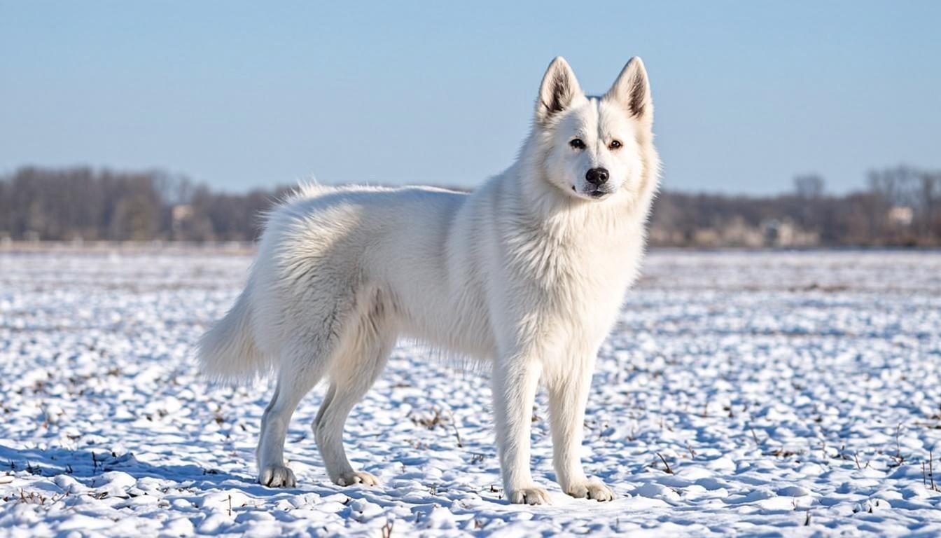 White Swiss Shepherd standing alert in fresh snow