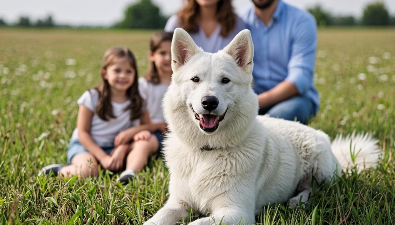White Swiss Shepherd relaxing with its family on a meadow