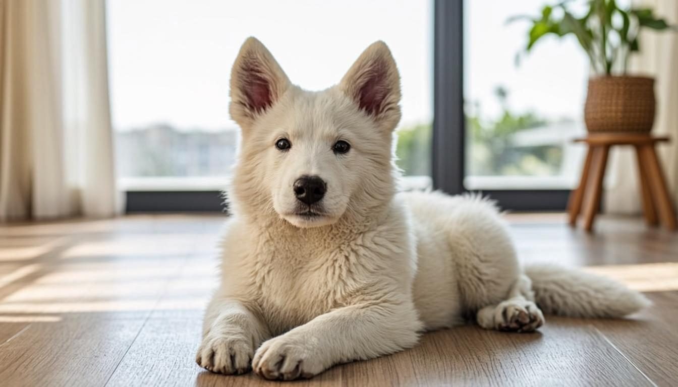 White Swiss Shepherd puppy resting on a wooden floor at home