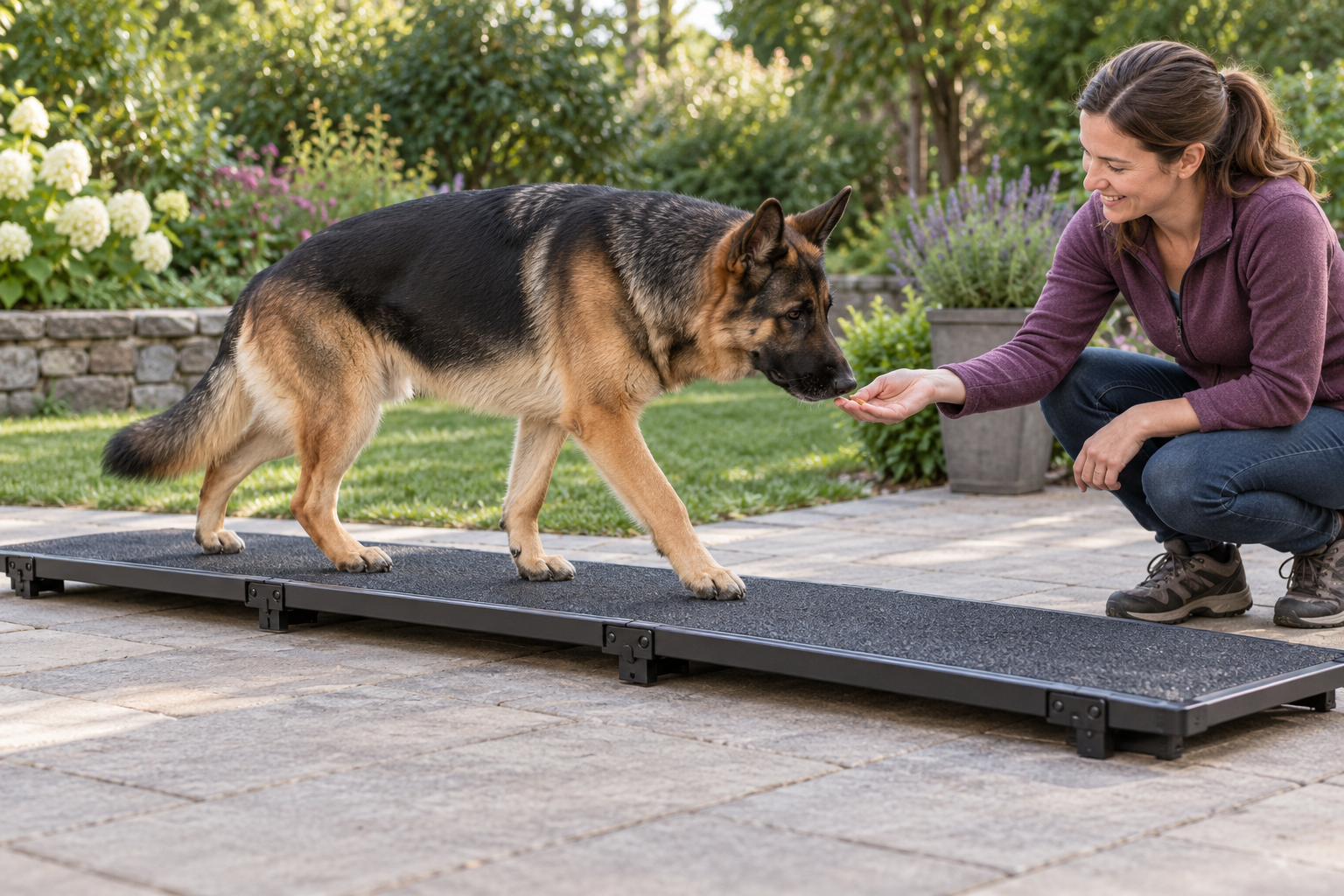 Dog Ramp for a German Shepherd: 7 Essential Buying Checks 3 German Shepherd walking on a flat dog ramp toward a treat offered by its owner