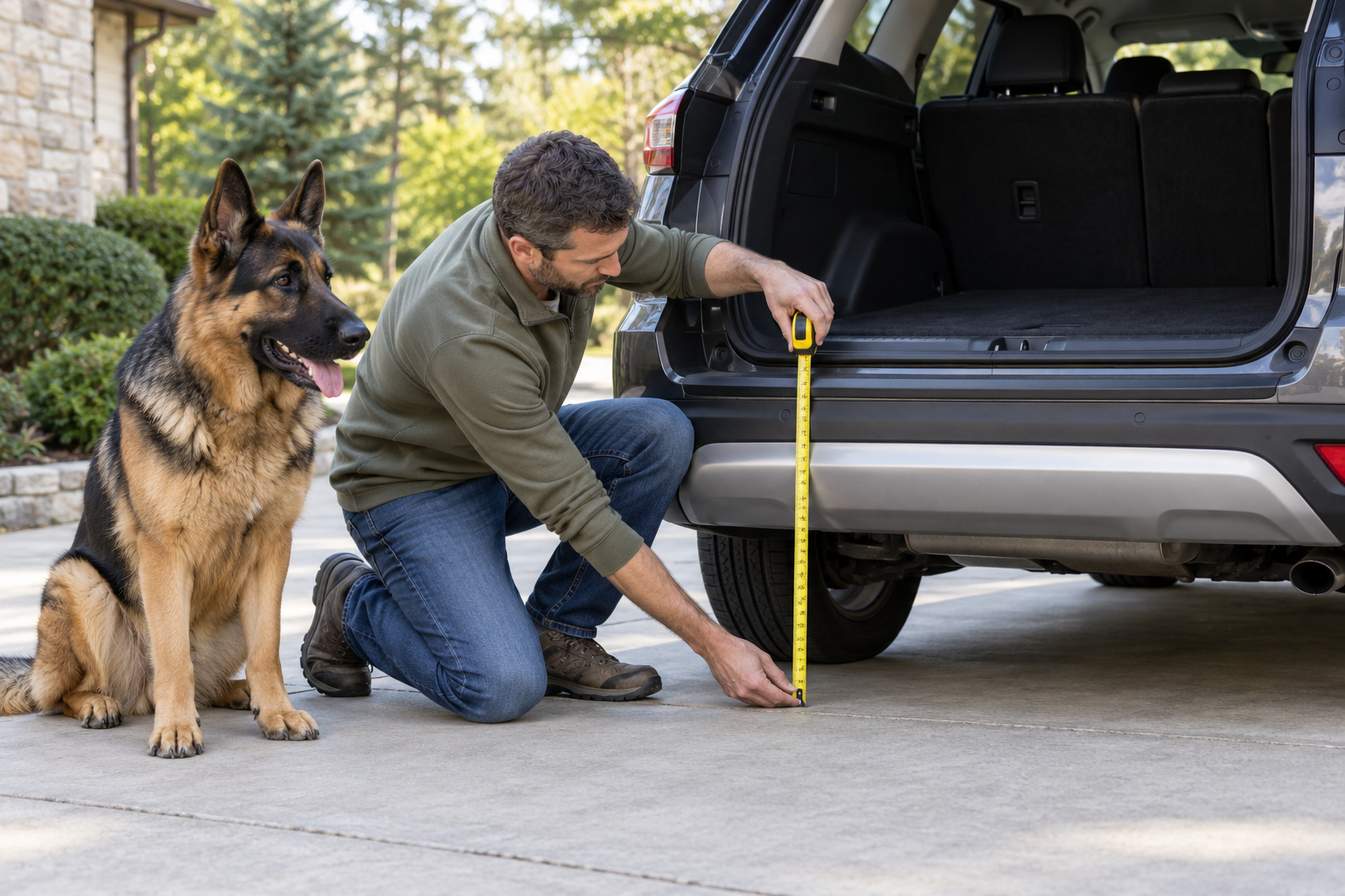 Dog Ramp for a German Shepherd: 7 Essential Buying Checks 2 Owner measuring SUV entry height beside a German Shepherd before choosing a dog ramp